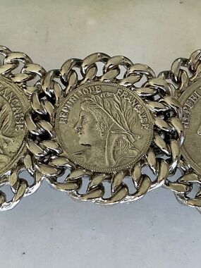 VINTAGE MIMI DI N FRENCH COINS 4” LONG BELT BUCKLE SILVER METAL